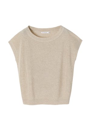 Top corto de punto beige con un corte relajado, escote redondo y una textura sutil. Diseño simple sin patrones ni acentos visibles.