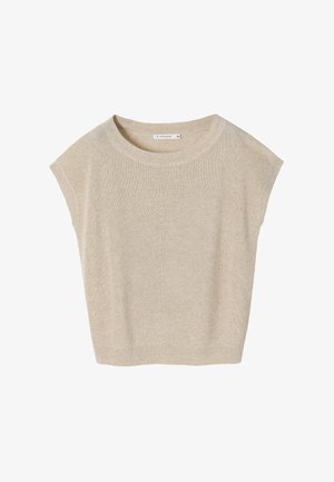 Top corto de punto beige con un corte relajado, escote redondo y una textura sutil. Diseño simple sin patrones ni acentos visibles.