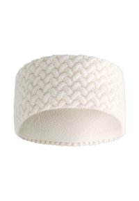 Bandeau tricoté blanc avec un motif en tresse texturé, fabriqué en tissu doux, doté d'une doublure intérieure lisse pour un confort supplémentaire.