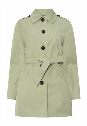 Cappotto trench verde chiaro da donna con grandi bottoni marroni, cintura in vita annodata a fiocco, spalline e tasche anteriori.