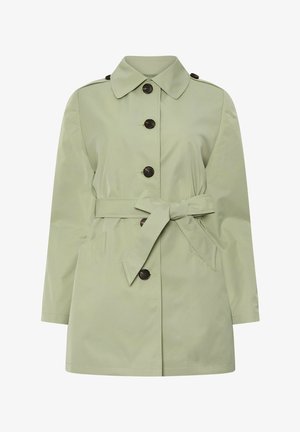 Hellgrüner Damen-Trenchcoat mit großen braunen Knöpfen, einem in eine Schleife gebundenen Taillengürtel, Schulterklappen und Fronttaschen.