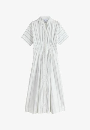 Balta krekla stila kleita ar īsām piedurknēm, vertikālām plānām melnām svītrām un apkakli, pieguļoša vidukļa daļa un uzmācīga svārku daļa.