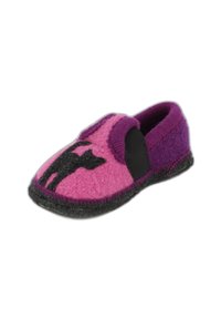 Roze en paarse vilt pantoffel met een silhouet van een zwarte kat op de zijkant, elastische zijpanelen en een zwarte gestructureerde zool.