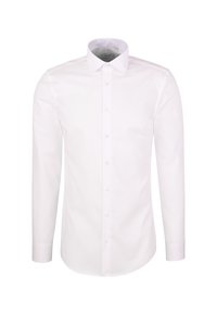 Camicia bianca a maniche lunghe realizzata in cotone liscio, con bottoni anteriori e colletto standard, dal taglio slim e sartoriale.