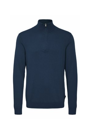 Dunkelblauer Pullover mit hohem Kragen und einem Viertelreißverschluss. Hergestellt aus einem glatten Strickstoff, mit langen Ärmeln und gerippten Bündchen.