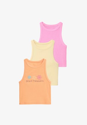 Drei gerippte Tanktops in Orange, Gelb und Pink. Das orangefarbene Top hat eine gestickte Aufschrift "Beach Treasures" mit Icons; die anderen sind schlicht.