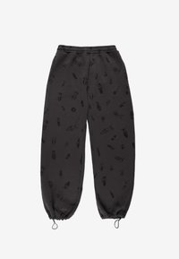 Czarne spodnie z elastycznym pasem i ściągaczami ze sznurkiem, z delikatnym wzorem owadów na całej tkaninie. Wykonane z gładkiego, lekkiego materiału.