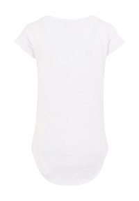 White short-sleeve t-shirt with a rounded neckline and curved hem. Made from lightweight, soft fabric with a smooth texture.