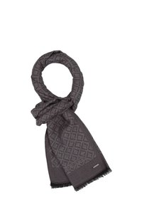 Écharpe tissée grise avec une texture en motif de diamant, dotée de bords à franges et d'une petite étiquette métallique. Design en boucle compacte.