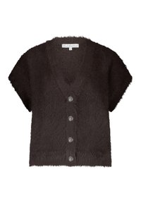 Short black fuzzy short-sleeve cardigan with V-neck and four front buttons, labeled size small.