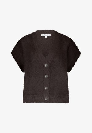 Kurze schwarze, fuzzy Kurzarm-Cardigan mit V-Ausschnitt und vier vorderen Knöpfen, Größe S.