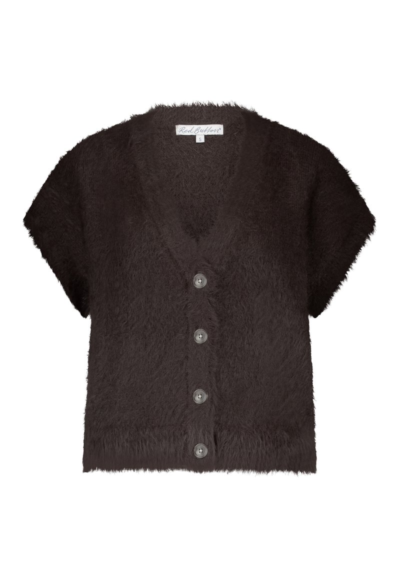 Short black fuzzy short-sleeve cardigan with V-neck and four front buttons, labeled size small.