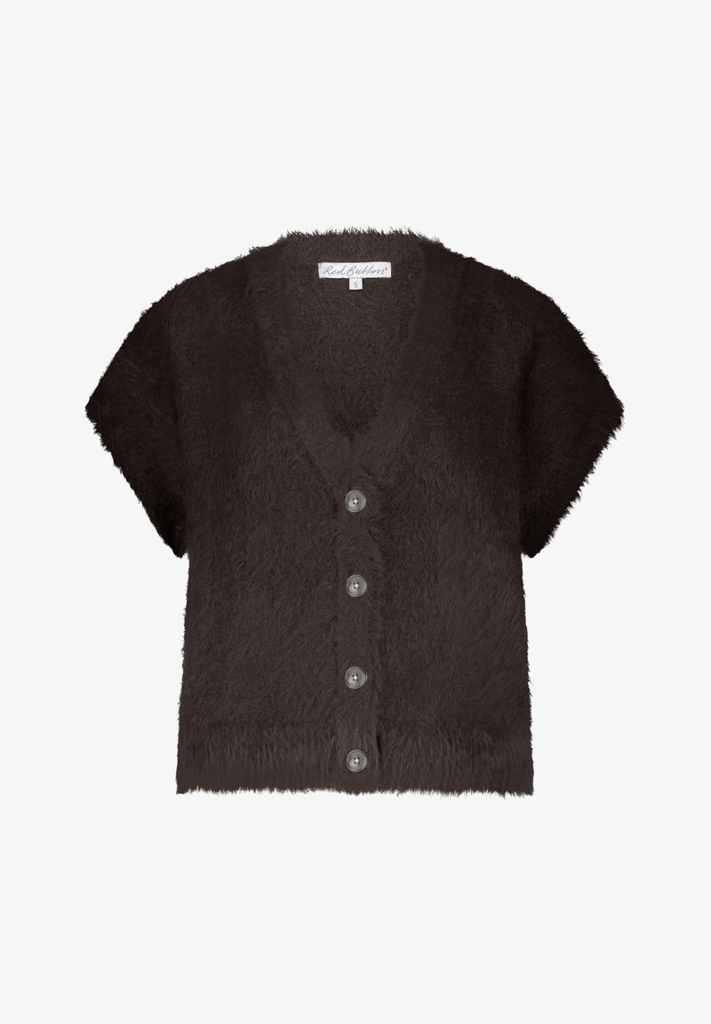 Kurze schwarze, fuzzy Kurzarm-Cardigan mit V-Ausschnitt und vier vorderen Knöpfen, Größe S.