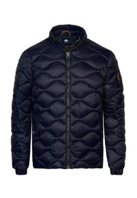 Marineblaue Steppjacke mit abgestepptem Muster, durchgehendem Reißverschluss, Stehkragen, Reißverschlusstasche am Ärmel und gerippten Bündchen.