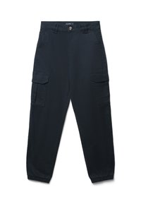 Marineblaue Cargo-Hose mit zwei großen Seitentaschen, elastischen Bündchen und einem Knopfverschluss. Hergestellt aus einem leichten, glatten Stoff.