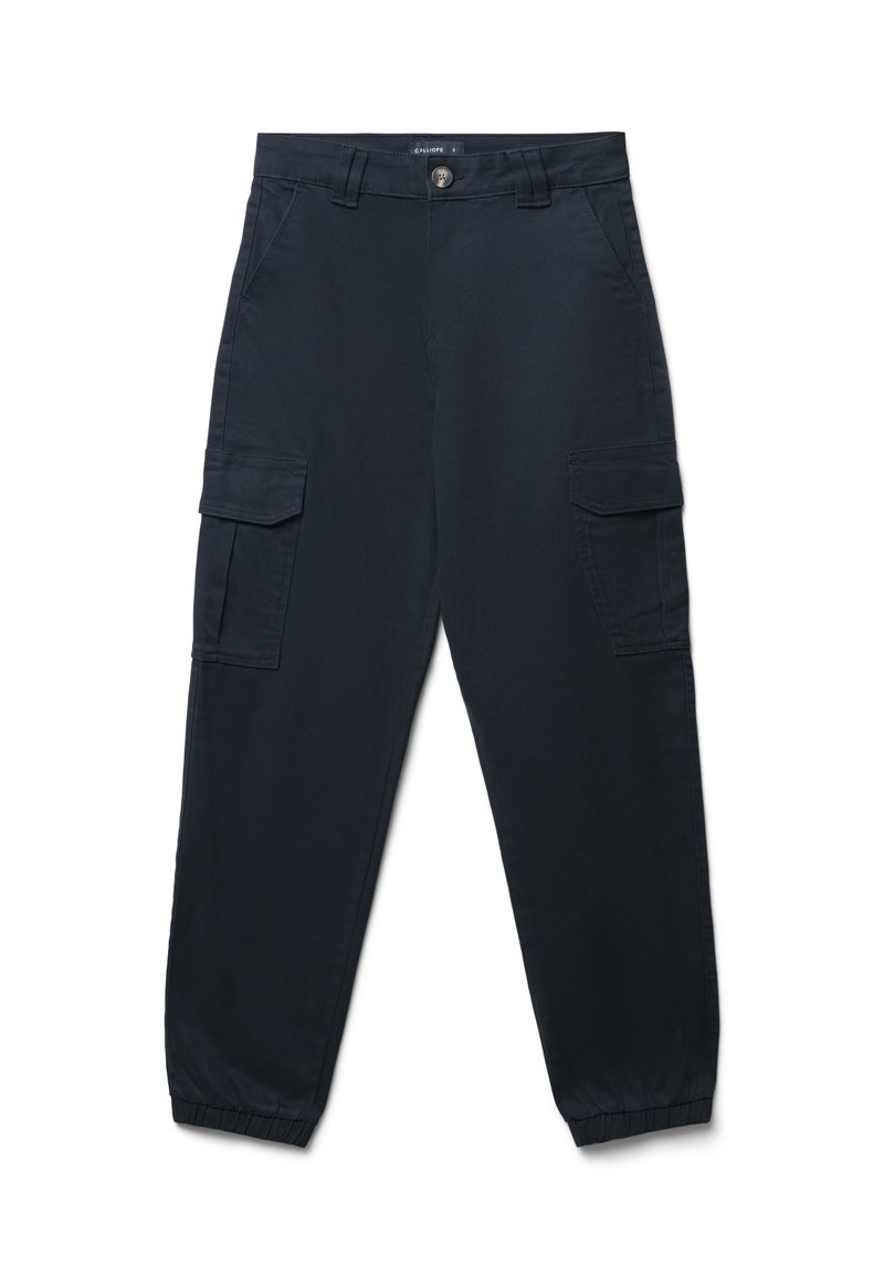 Marineblaue Cargo-Hose mit zwei großen Seitentaschen, elastischen Bündchen und einem Knopfverschluss. Hergestellt aus einem leichten, glatten Stoff.