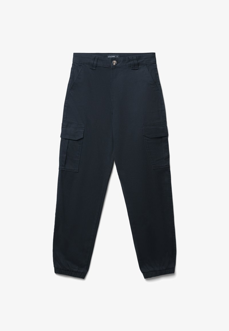 Marineblaue Cargo-Hose mit zwei großen Seitentaschen, elastischen Bündchen und einem Knopfverschluss. Hergestellt aus einem leichten, glatten Stoff.