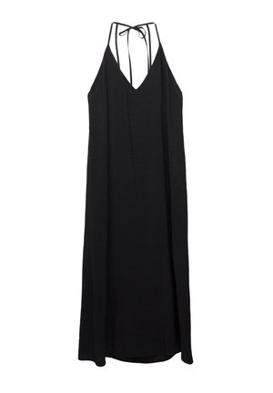 Schwarzes Maxikleid mit tiefem V-Ausschnitt und dünnen Trägern. Hergestellt aus leichtem Stoff mit fließender Silhouette und strukturiertem Finish.