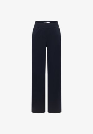 Černé kalhoty s širokými nohavicemi, elastickým pasem a jemným detailem bočních kapes, zobrazené na bílém pozadí.