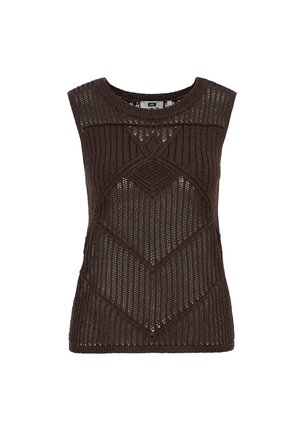 Haut tricoté marron foncé sans manches avec des motifs ajourés complexes et un motif en forme de losange sur le devant.