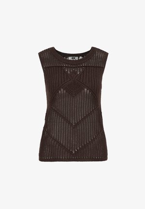 Bezrukowy ciemnobrązowy dzianinowy top z misternymi ażurowymi wzorami i diamentowym wzorem na przodzie.