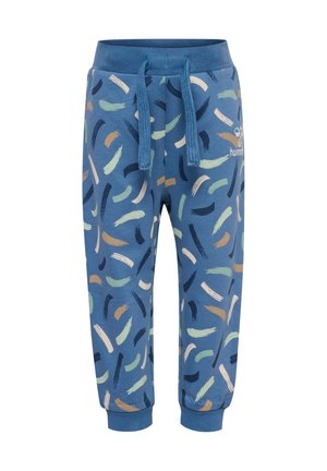 Blå joggingbukser med et flerfarvet penselstrøgsdesign. Fremstillet af blødt stof med elastisk talje og manchetter, inklusive justerbar snor.
