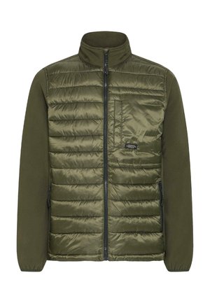 Oliwkowa kurtka z pikowanym przodem i gładkimi rękawami, z zamkiem błyskawicznym z przodu, bocznymi kieszeniami i stójką.