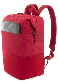 Sac à dos rouge au design épuré, fabriqué en nylon durable. Présente une poche avant grise, des zips et des bretelles en mesh rembourrées pour un confort optimal.