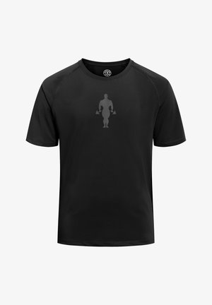 Schwarzes, kurzärmeliges Sport-T-Shirt mit einer grauen Silhouette einer muskulösen Figur, die Hanteln hebt, zentriert auf der Brust.