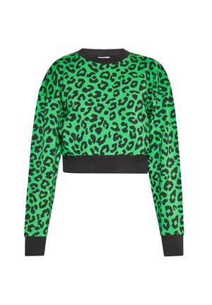 Groene cropped sweatshirt met zwart luipaardprint, lange mouwen en een zwarte ribgebreide halslijn en zoom. Gemaakt van lichte stof.
