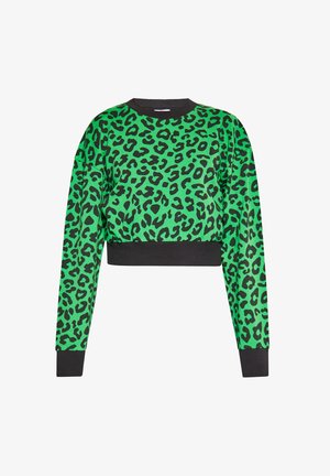 Zielona krótka bluza z czarnym nadrukiem w panterkę, z długimi rękawami oraz czarnym ściągaczem na szyi i na dolnej krawędzi. Wykonana z lekkiego materiału.