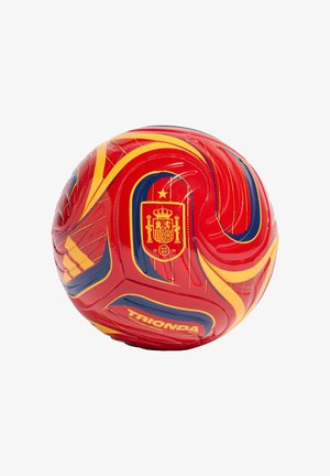 Pallone da calcio rosso con vortici gialli e blu navy, stemma della nazionale spagnola e branding "Trionda".