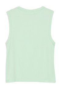 Mintgrünes ärmelloses Top aus geripptem Stoff, mit rundem Ausschnitt und geradem Schnitt. Der Rücken ist schlicht und glatt.