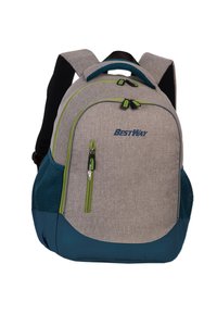 Sac à dos en tissu gris avec des accents verts et bleus, présentant des bretelles rembourrées, une poignée supérieure, une poche frontale zippée et des panneaux latéraux en mesh.