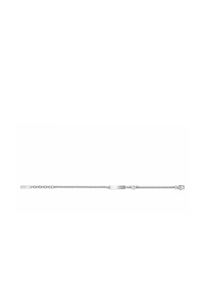 Bracelet en argent avec un pendentif plat et allongé gravé du logo, relié par une chaîne délicate avec un fermoir mousqueton.