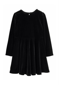 Schwarzes Samtkleid für Kleinkinder mit langen Ärmeln, rundem Ausschnitt, geraffter Taille und ausgestelltem Rock.