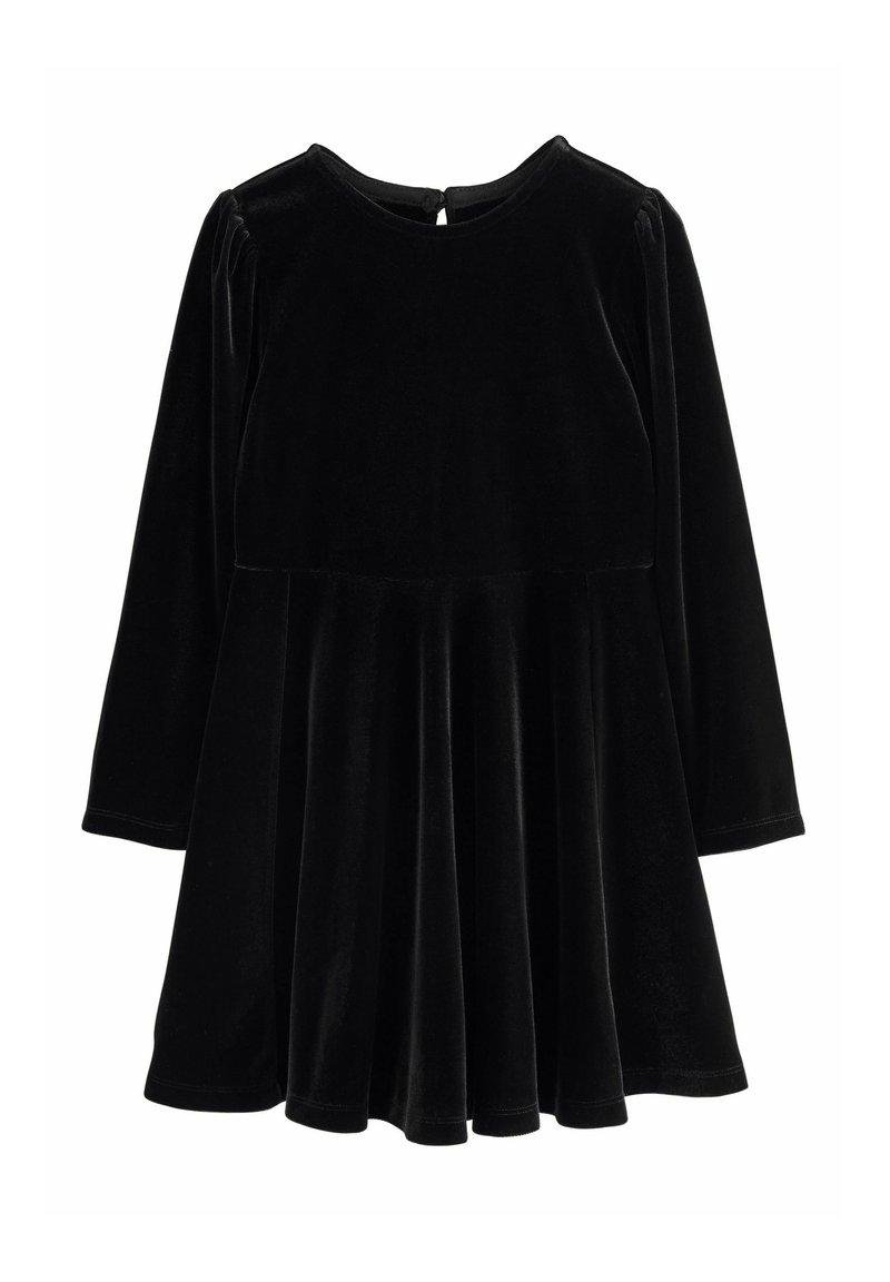 Schwarzes Samtkleid für Kleinkinder mit langen Ärmeln, rundem Ausschnitt, geraffter Taille und ausgestelltem Rock.