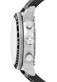 Side view of silver chronograph watch with black bezel, black strap, and Mickey Mouse logo on crown button.