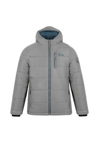 Graue isolierte Jacke mit Kapuze, vorne mit Reißverschluss, gesteppter Optik und blauen Akzenten an Reißverschlüssen und Innenfutter.