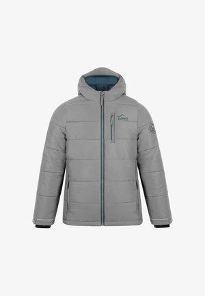 Graue isolierte Jacke mit Kapuze, vorne mit Reißverschluss, gesteppter Optik und blauen Akzenten an Reißverschlüssen und Innenfutter.