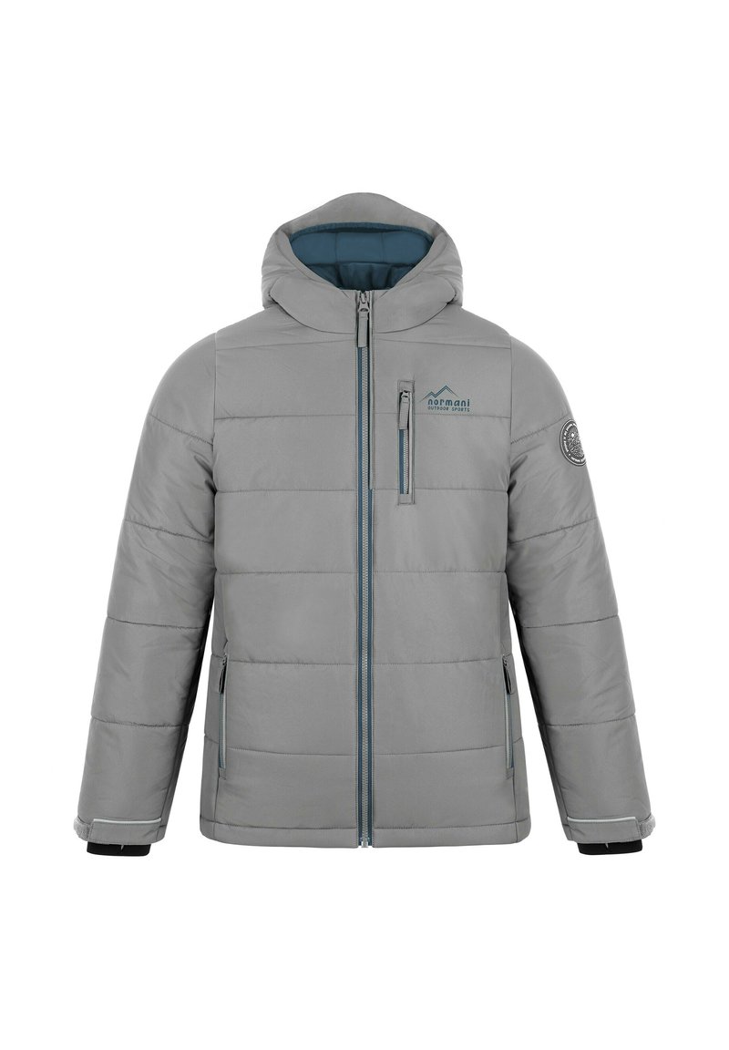 Graue isolierte Jacke mit Kapuze, vorne mit Reißverschluss, gesteppter Optik und blauen Akzenten an Reißverschlüssen und Innenfutter.