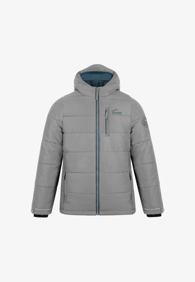 Graue isolierte Jacke mit Kapuze, vorne mit Reißverschluss, gesteppter Optik und blauen Akzenten an Reißverschlüssen und Innenfutter.