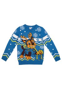 Maglione blu lavorato a maglia con un cane da cartone animato con corna, un regalo e fiocchi di neve. Le rifiniture includono motivi a zigzag bianchi e gialli.