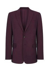 Burgundowa marynarka na jeden guzik, z wyciętymi klapami, kieszeniami z patkami i dopasowanym krojem. Gładka faktura i dopasowany fason.