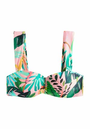 Bikini augša ar platām lencēm, rozā fons un daudzkrāsains tropisko lapu raksts zaļās, zilās un persiku toņos.