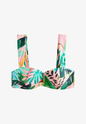 Bikini augša ar platām lencēm, rozā fons un daudzkrāsains tropisko lapu raksts zaļās, zilās un persiku toņos.