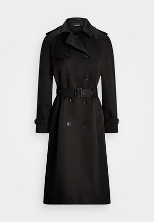 Black trench coat made of smooth fabric, featuring a double-breasted design, belted waist, shoulder epaulets, and buttoned cuffs.