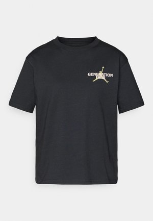 Black cotton t-shirt with short sleeves, featuring "GENERATION AIR" text and a logo in pink and yellow on the left chest area.