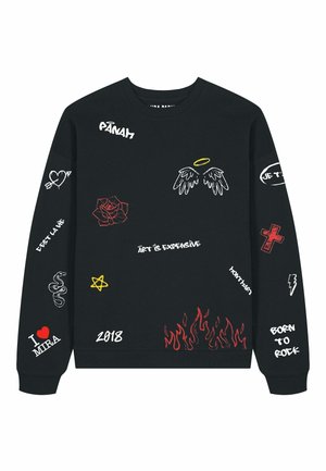 Mustmust valgejuustega dressipluus erinevate tikanditega: punased roosid, madud, leegid ja laused nagu "Kunst on kallis" ja "Sündinud rokksõitma."