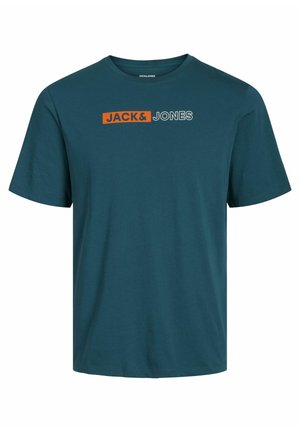 Teal bomulds T-shirt med rund hals, prydet med en kontrastfarvet orange rektangulær logo med teksten "JACK&JONES" i hvide bogstaver.